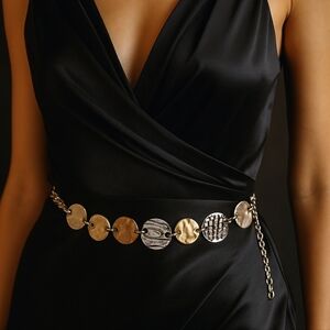 VINTAGE CHICOS HAMMERED METAL DISC BELT NECKLACE SILVER GOLD MIXED TONE